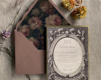 Tarjeta de invitación de boda antigua con diseño de jardín de 5x7 pulgadas y forro de sobre floral vintage.
