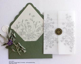 Printed vellum wraps + envelope liners + A7 envelopes (optional) - Adorable wild flowers -Printed cards are not included sold separately -