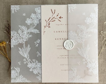 Envoltura de vitela blanca con encaje floral veneciano para tarjeta de invitación de boda de 5x7 pulgadas.