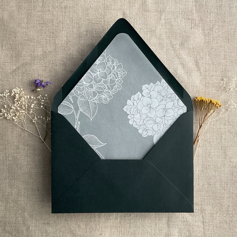 Pu&ograve; includere: Una busta nera con un disegno floreale bianco all'interno. Il disegno presenta due ortensie con foglie.