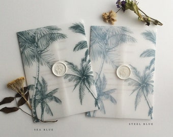 Wedding invitation kit - beach wedding palm trees printed white translucent Vellum wrap tropical botany for 5x7 inches card