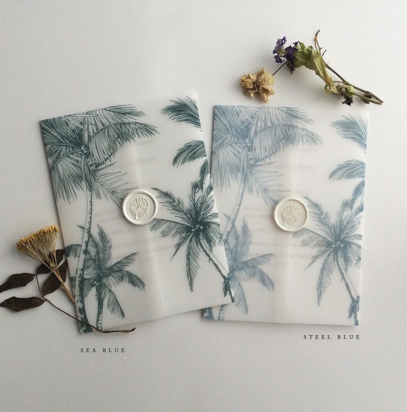 V5 Beach wedding palm trees printed white translucent Vellum wrap tropical botany for 5x7 inches card image 1