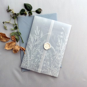 White ink print white translucent English summer botanical garden floral printed vellum wrap vellum jacket for 5x7 inches card