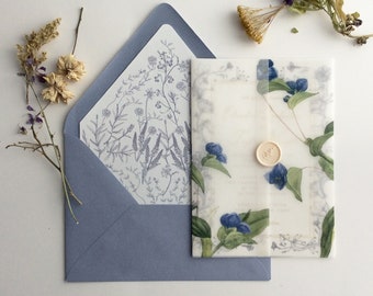 wedding invitation kit - Amelia vintage botanic garden - printed white translucent vellum wraps + envelope liners + A7 envelopes : sweet pea