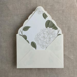 May include: An open, off-white envelope with a scalloped edge, revealing a floral-patterned insert. The insert features a detailed illustration of a hydrangea flower and leaves in shades of green against a white background. The envelope is on a neutral-toned surface.