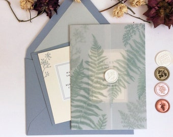 Fern leaf botanic garden white translucent Vellum wrap suite wax seal envelope liner 7 pcs Wedding invitation suite SAMPLE