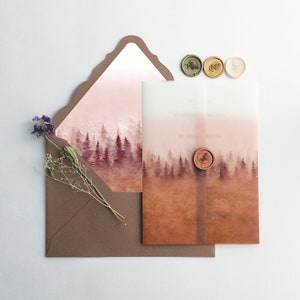 Kit d'invitation de mariage V95 - Peinture à l'huile de forêt ombrée rustique inspirée de l'emballage vélin blanc translucide imprimé pour carte de 5 x 7 pouces
