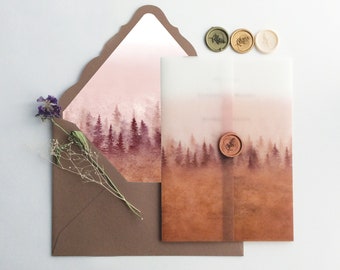 V95 Wedding invitation kit - Rustic ombre forest oil painting inspired printed white translucent Vellum wrap for 5x7 inches card