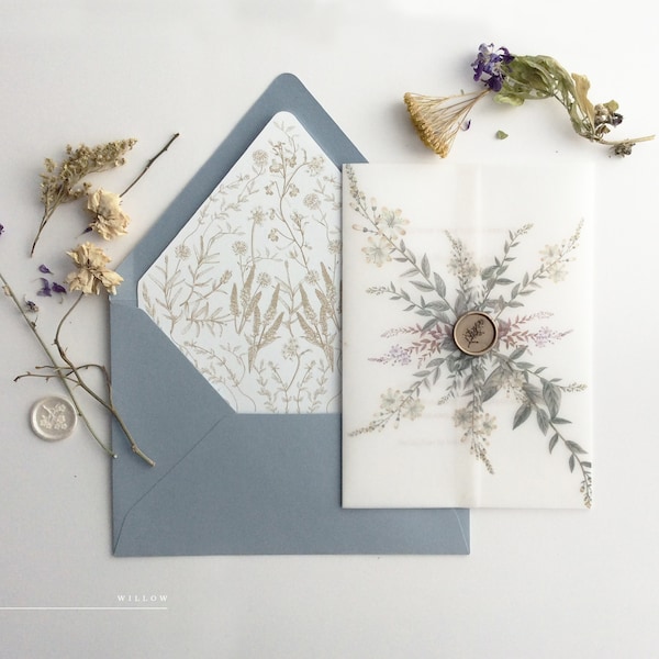 V19 Amelia vintage botanic garden- printed white translucent vellum wraps vellum jackets for 5x7 inches card