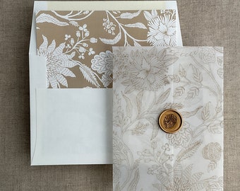 Maeve botanical vellum wraps for A7 cards + liners for A7 square flap envelopes
