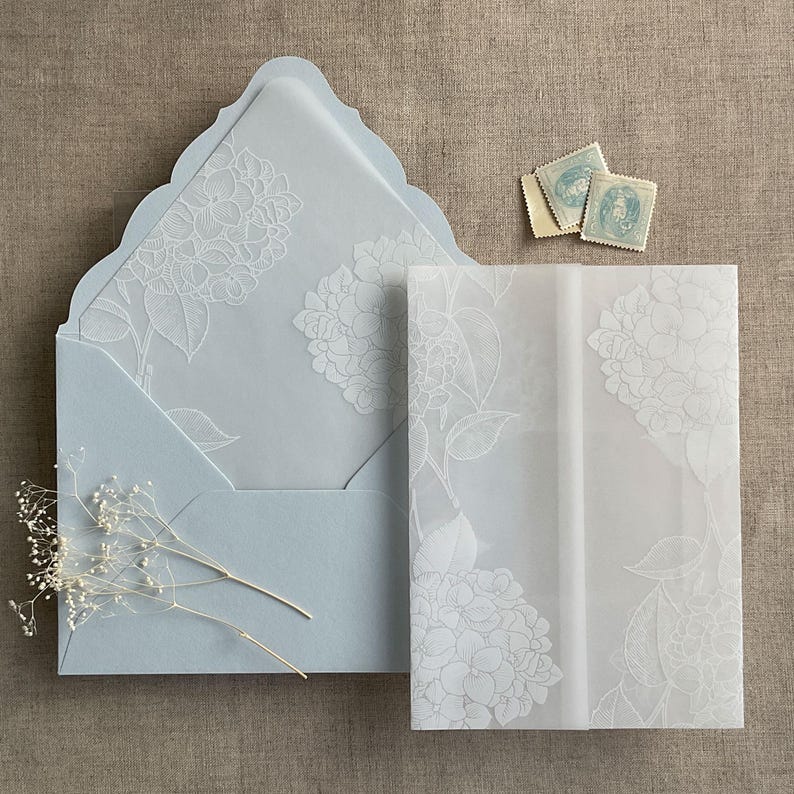 Pu&ograve; includere: Due buste di colore azzurro chiaro con un motivo floreale bianco. La busta pi&ugrave; piccola ha un bordo a festoni ed &egrave; sovrapposta alla busta pi&ugrave; grande. Le buste sono su una superficie testurizzata di colore marrone chiaro.