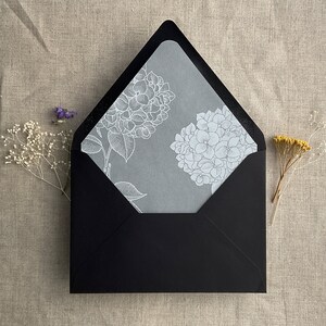 Pu&ograve; includere: Busta nera con un disegno floreale bianco sul davanti. Il disegno presenta due ortensie con arte di linea dettagliata.