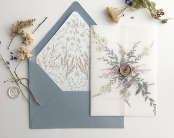 wedding invitation kit - Amelia vintage botanic garden - printed white translucent vellum wraps + envelope liners + A7 envelopes : willow