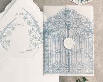 V7 Baroque style arched gate to the palace gardens vellum jacket printed on white translucent Vellum wrap for 5x7 card