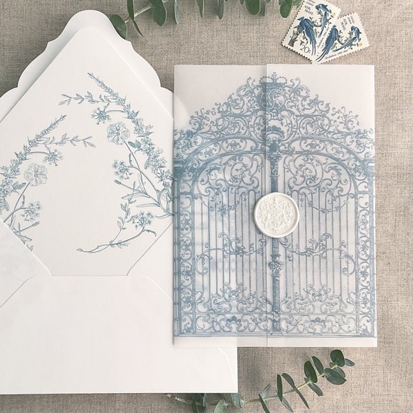 V7 Baroque style arched gate to the palace gardens vellum jacket printed on white translucent Vellum wrap for 5x7 card