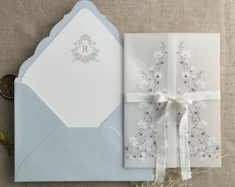 VWB14 Printed vellum wraps + envelope liners + A7 venetian envelopes (optional)-white flax floral