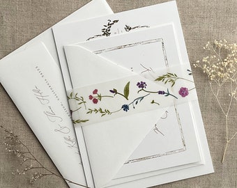 Faja decorativa de papel vitela con motivos botánicos coloridos para invitaciones de boda de 5x7 pulgadas (tamaño A7).
