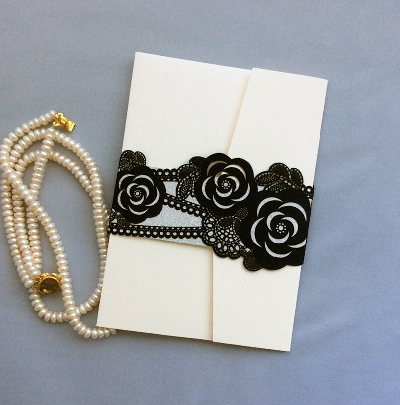 Diy Wedding Ivory Tri Folding Pocket Folder W Laser Cutting Black