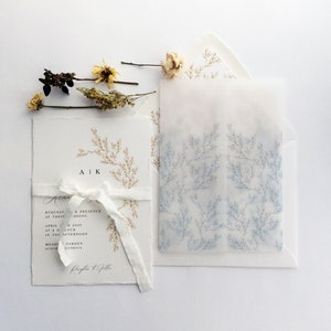 V66 Alice botanic french toile leafy branch pattern printed white translucent Vellum jacket vellum wrap for 5x7 inch card