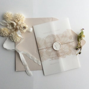 FV87 Fluttery minimalist floral lace ribbon printed and folded Vellum wraps for 5x7 inches cards white translucent vellum jacket