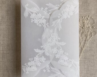White lace vellum laser cut petal pochette for 5x7 card invitation pocket