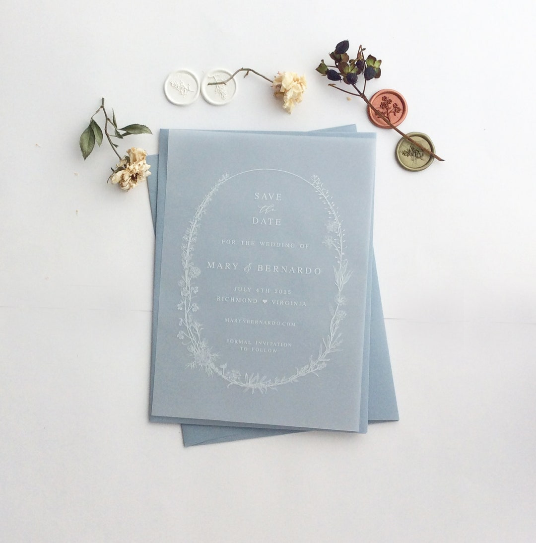 Vellum Overlay Save the Date Wedding Invitation English Summer Botanic Garden Floral White Ink