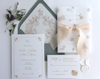 VWB12 Printed vellum wraps + envelope liners + A7 envelopes (optional) -Elegant French rose lace - Printed cards are not included -