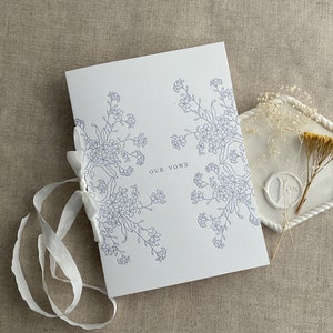 Wedding vow booklet 5x7 inches -Adorable flowers Letter pressed on heavy weight cotton paper cover with ribbon