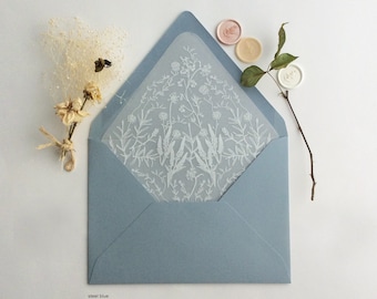 white ink printed white translucent Vellum envelope liner for A7 euro envelope English summer botanical garden floral