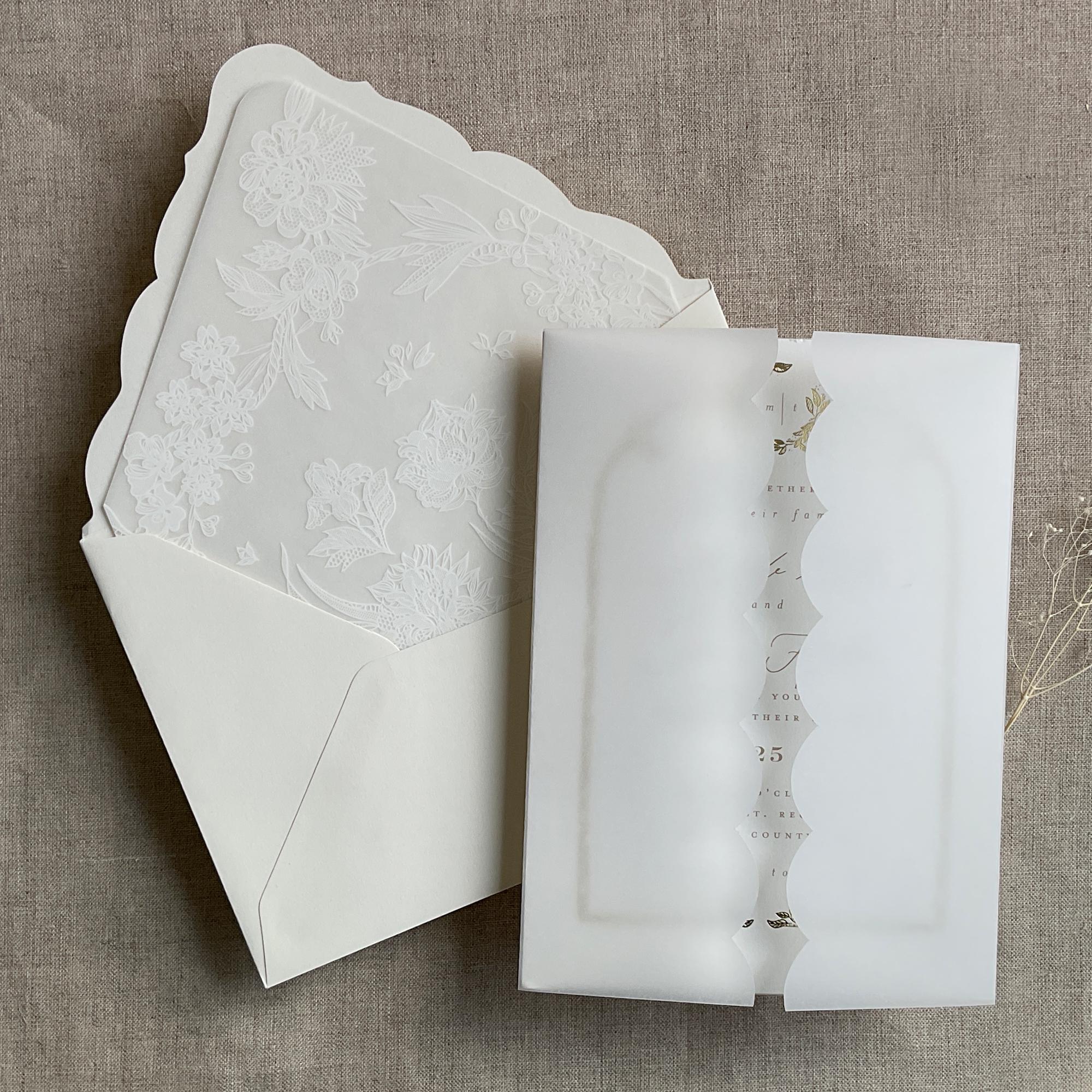 V116 Emberlin scallop edge laser cut plain white translucent blank vellum jackets vellum wraps for 5x7 inches card