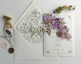 wedding invitation kit - Amelia vintage botanic garden - printed white translucent vellum wraps + envelope liners + A7 envelopes : violet