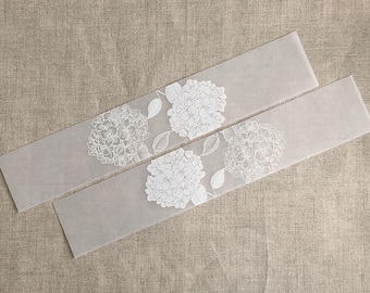 White hydrangea floral vellum belly band for Wedding Invitation 5x7 inches: white ink print