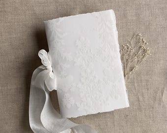 Elysea wedding vow book: 5x7 white lace vellum cover, white handmade paper deckled edge