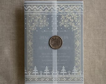 Knitted holiday white vellum Jacket Wrap: 5x7 Winter Wedding Invitation