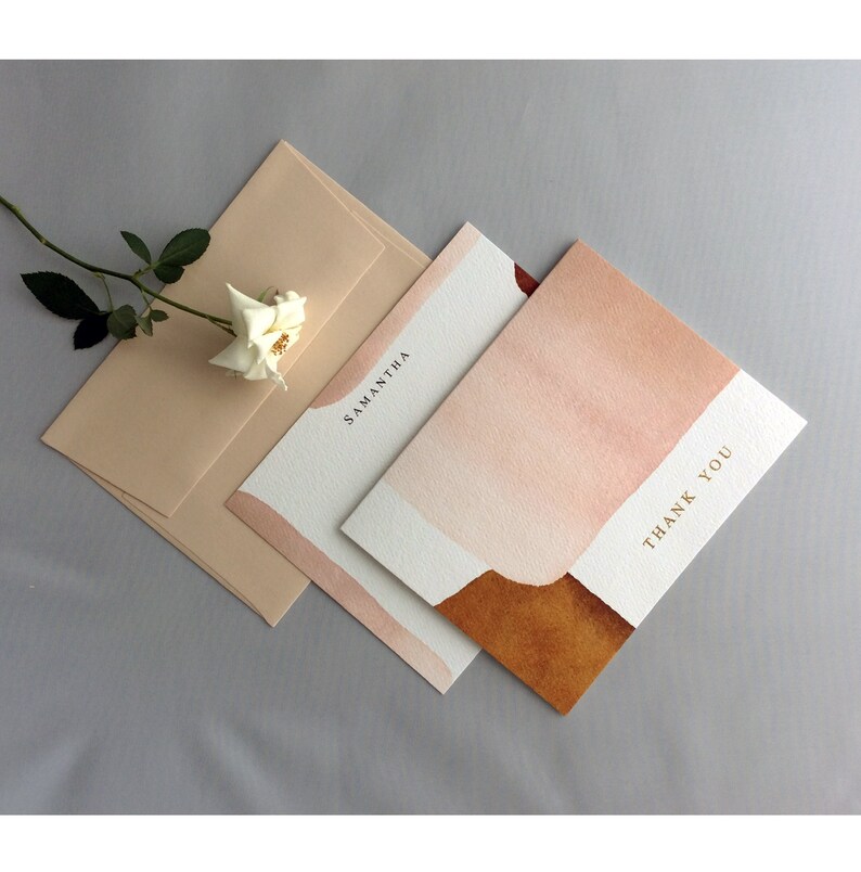 Personalized Thank You cards A2 folded abstract organic shape watercolor blush terra cotta navy gold letter personalized print available