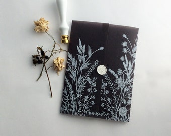 V84 Black colored translucent vellum wrap English summer botanical garden white ink printed vellum jacket for 5x7 inches card