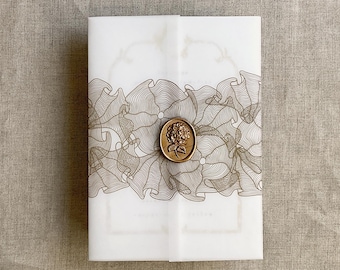 May include: A rectangular white translucent vellum envelope wrap featuring a brown line-art pattern of ruffled fabric. The wrap is secured in the center by an oval-shaped metallic bronze wax seal embossed with a detailed floral hydrangea design.