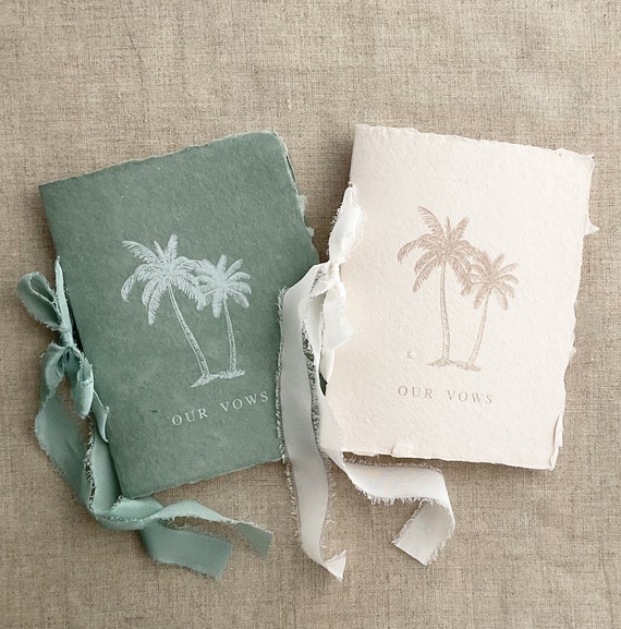 Wedding Vow book Vow booklet 4.25x5.5 inches Palm tree tropical botany print on cotton handmade paper cover natural deckled edge
