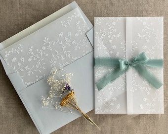 VWB18 Printed vellum wraps + envelope liners White dainty  floral climbing vines -  Envelopes are not included -