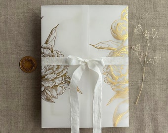 V16 Etched Peony floral gold foil stamping on white translucent vellum wraps jackets for A7 invitation cards 5x7 inches cards