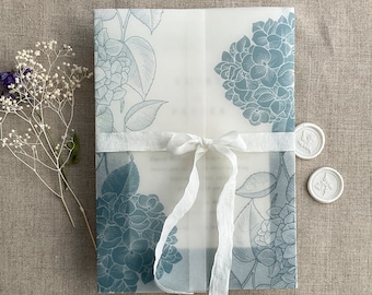 V83 Hydrangea botanical garden floral printed for 5x7 inch card vellum wraps white translucent Vellum jacket