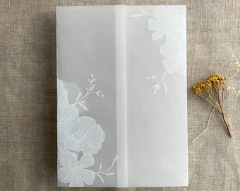 V40 Camelia flower white ink print translucent Vellum jackets Vellum wraps for 5x7 inches card