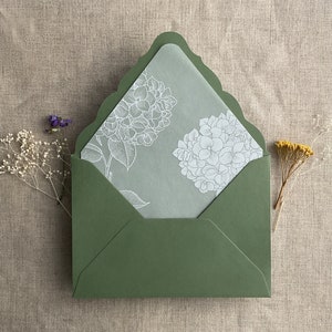 Pu&ograve; includere: Una busta verde con un disegno floreale bianco su un inserto di carta translucido. Il disegno presenta ortensie e foglie.