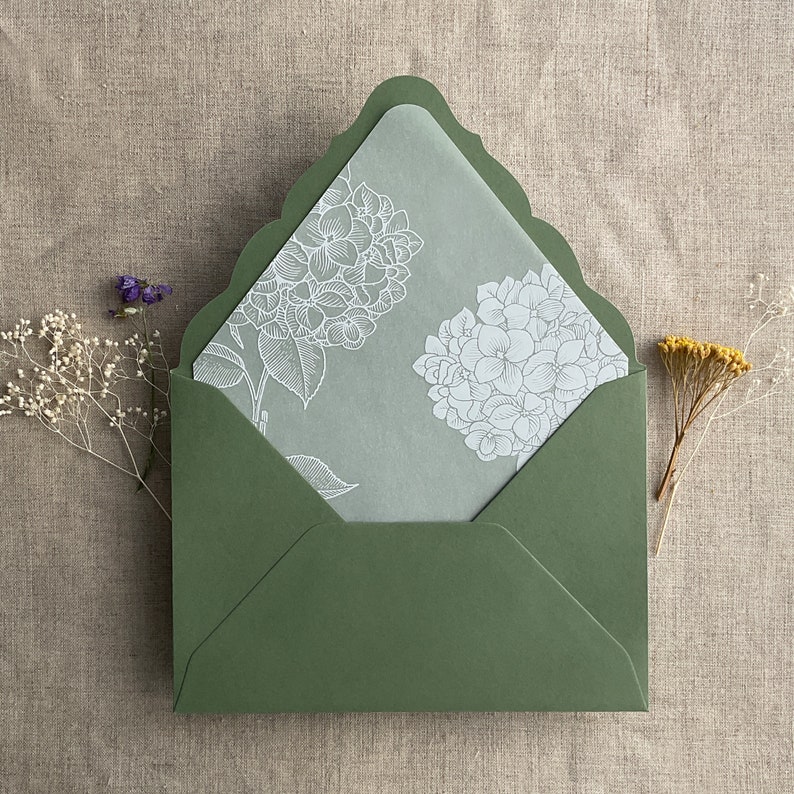 Pu&ograve; includere: Una busta verde con un disegno floreale bianco su un inserto di carta translucido. Il disegno presenta ortensie e foglie.