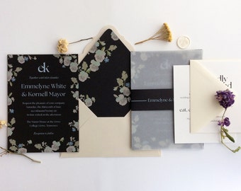 black vintage floral wedding invitation suite