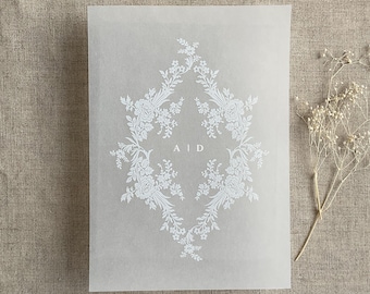 White French crest Floral Vellum Overlays for 5x7 wedding invitation - Pack of 10
