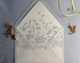 Floral printed envelope liner for A7 Invitation euro envelope - small wild meadow flowers printed on recycled paper