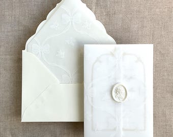 White floral bow vellum wraps: vellum Jackets for 5x7 Cards