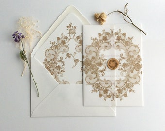 wedding invitation kit - la belle Antique rose floral lace printed white translucent vellum wraps + envelope liners + A7 envelopes(optional)