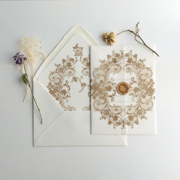 VWB11 La belle Antique rose floral lace printed white translucent vellum wraps + envelope liners + A7 envelopes(optional)